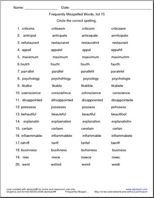 Frequently Misspelled Words (list 15) Circle and Spell
