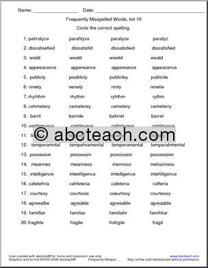 Frequently Misspelled Words (list 16) Circle and Spell