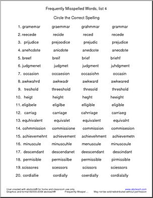 Frequently Misspelled Words (list 4) Circle and Spell