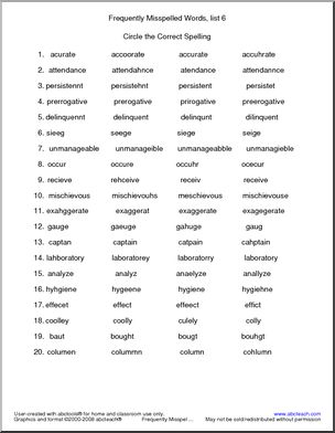Frequently Misspelled Words (list 6) Circle and Spell