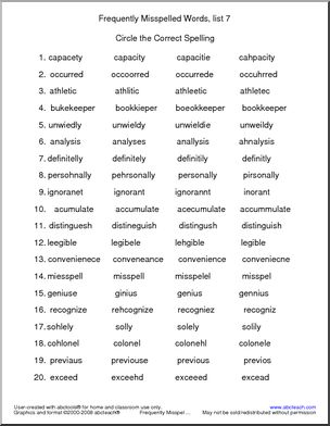 Frequently Misspelled Words (list 7) Circle and Spell