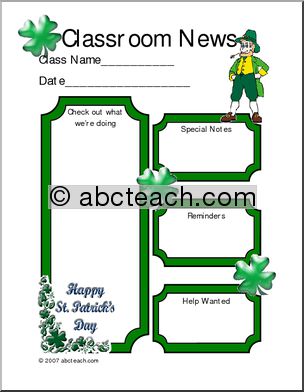 Classroom Newsletter: St. PatrickÃ­s Day (color)