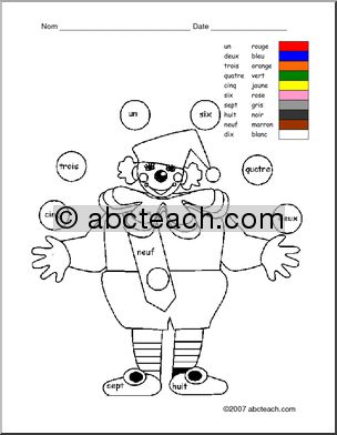 French:  Clown Color by Number Word