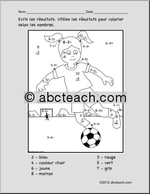 French: Math: Colorier selon les nombres, soustractions, football (soccer)