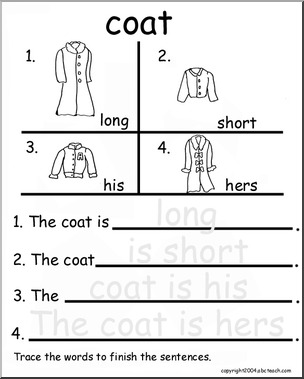 Beginning Writing Practice, Set 5a – trace (coat)