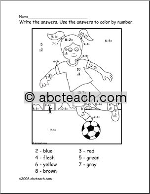 Soccer Player (primary/elem) Color by Number Subtraction