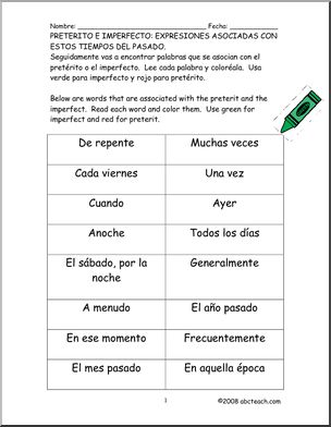 Spanish: Verbos – Expresiones Asociadas con el PretÃˆrito y el Imperfecto (elementaria/secundaria).