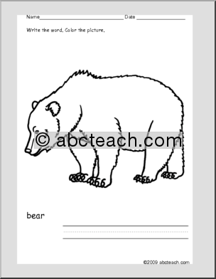 Coloring Page: Write and Color “Bear” (ESL)