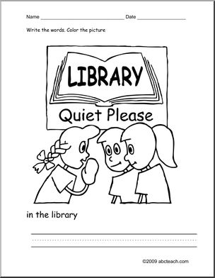 Coloring Page: Write and Color “in the library” (ESL)