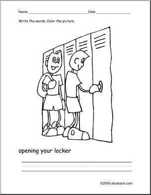 Coloring Page: Write and Color “opening your locker” (ESL)