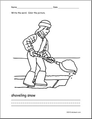 Coloring Page: Write and Color “Shoveling Snow” (ESL)