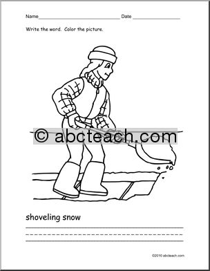 Coloring Page: Write and Color “Shoveling Snow” (ESL)