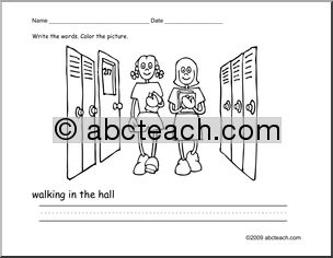 Coloring Page: Write and Color “walking in the hall” (ESL)