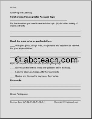 Common Core: Speaking & Listening: Collaboration Planning Notes (middle school)