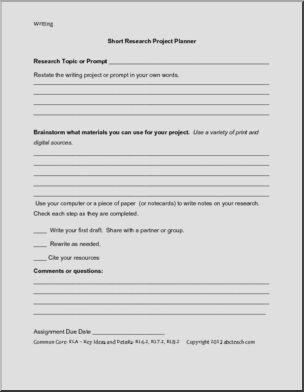 Common Core: Writing: Short Research Project Planner Activity (middle school)