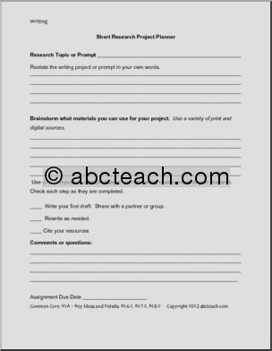 Common Core: Writing: Short Research Project Planner Activity (middle school)