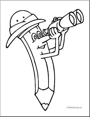 Clip Art: Cartoon Pencil w/ Binoculars (coloring page)