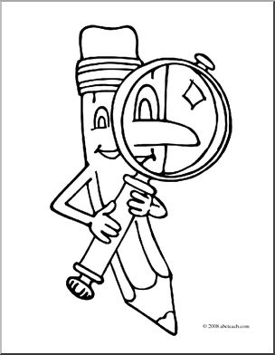Clip Art: Cartoon Pencil w/ Magnifying Glass (coloring page)