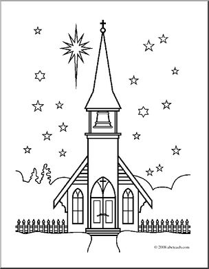 Clip Art: Religious: Winter Church (coloring page)