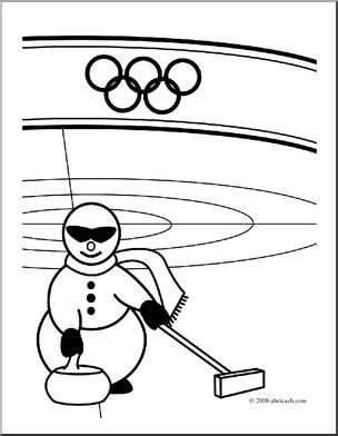 Clip Art: Cartoon Olympics: Snowman Curling (coloring page)