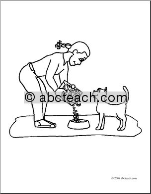 Clip Art: Kids: Chores: Feeding the Cat (coloring page)