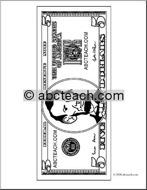 Clip Art: Five Dollar Bill Outline Front (coloring page)