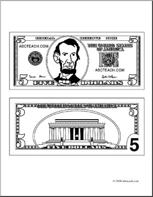 Clip Art: Five Dollar Bill Outline (coloring page)