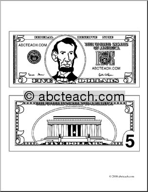 Clip Art: Five Dollar Bill Outline (coloring page)