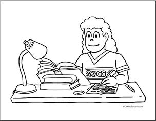 Clip Art: Kids: Girl Studying (coloring page)
