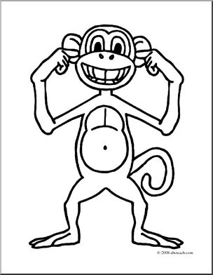 Clip Art: Cartoon Monkey: Hear No Evil (coloring page)
