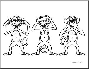 Clip Art: Cartoon Monkeys: Hear No Evil, See No Evil, Speak No Evil (coloring page)