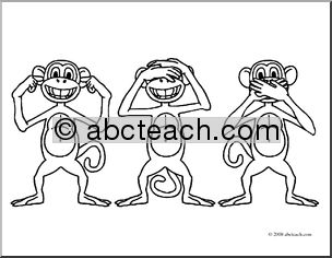 Clip Art: Cartoon Monkeys: Hear No Evil, See No Evil, Speak No Evil (coloring page)
