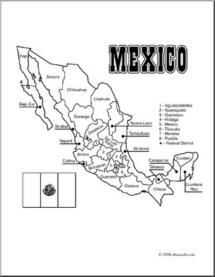 Clip Art: Mexico Map (coloring page) Labeled