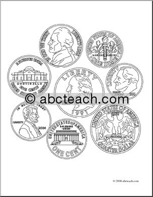 Clip Art: Coin Set (coloring page)