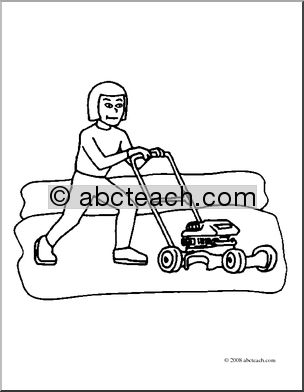 Clip Art: Kids: Chores: Mowing the Lawn (coloring page)