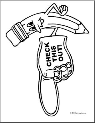 Clip Art: Cartoon Pencil w/ Big Foam Hand Pointing Left (coloring page)