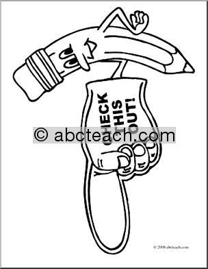Clip Art: Cartoon Pencil w/ Big Foam Hand Pointing Left (coloring page)