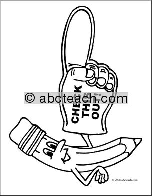 Clip Art: Cartoon Pencil w/ Big Foam Hand Pointing Right (coloring page)