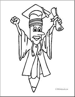 Clip Art: Cartoon Graduate Pencil (coloring page)