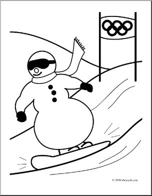 Clip Art: Cartoon Olympics: Snowman Snowboarding (coloring page)