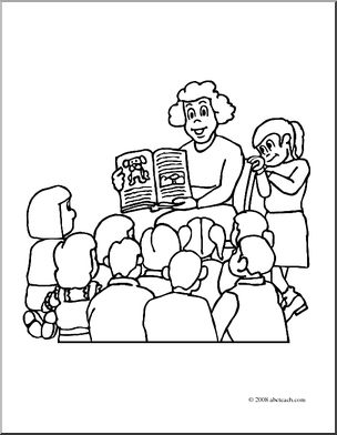 Clip Art: Teacher Reading to Class (coloring page)