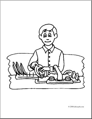 Clip Art: Kids: Chores: Washing the Dishes (coloring page)