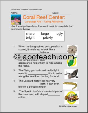 Learning Center: Coral Reef – Language Arts – Adjectives (primary)