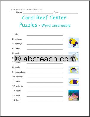 Learning Center: Coral Reef – Unscramble the Words (elem)