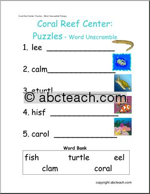 Learning Center: Coral Reef – Unscramble the Words (primary)