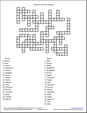 Crossword: Animals and Their Sounds – Abcteach