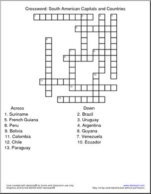 Crossword: South American Capitals (upper elem)