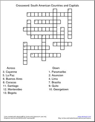 Crossword: South American Countries (upper elem)