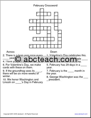 Crossword: February (elementary)