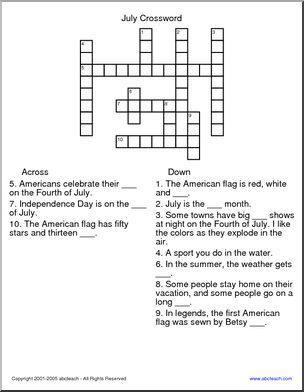 Crossword: July (elementary)